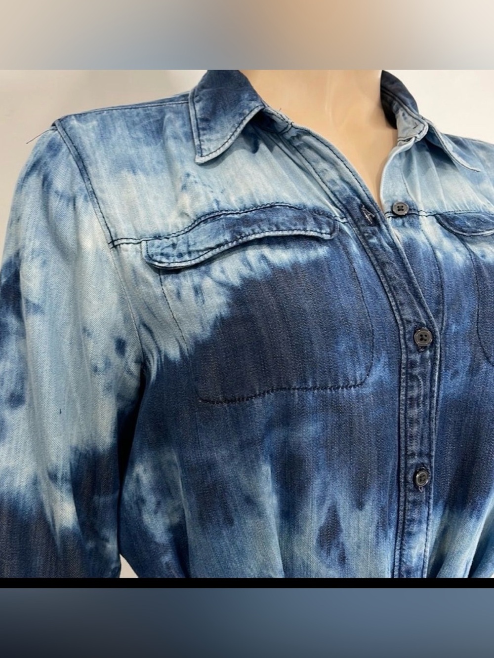 LOFT Bleach Washed Denim Shirt Dress Long sleeves Button down Collar Midi Tunic - Picture 4 of 14